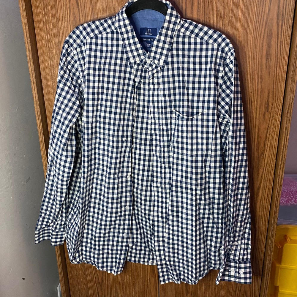 George Button Down Shirt Mens L Blue Gingham Classic Fit Long Sleeve